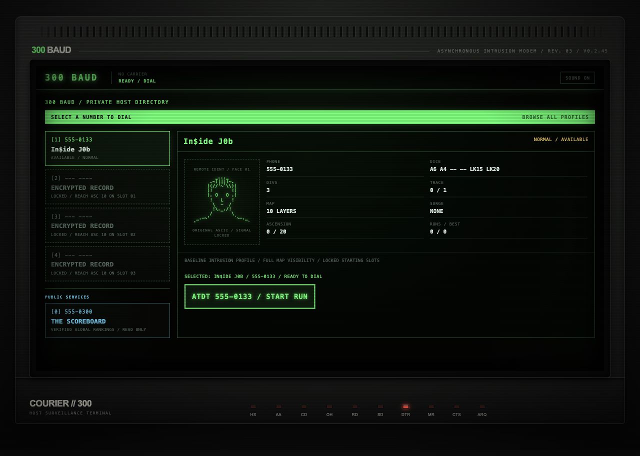 300 Baud Web private host directory showing the Inside Job operator profile and dial command.