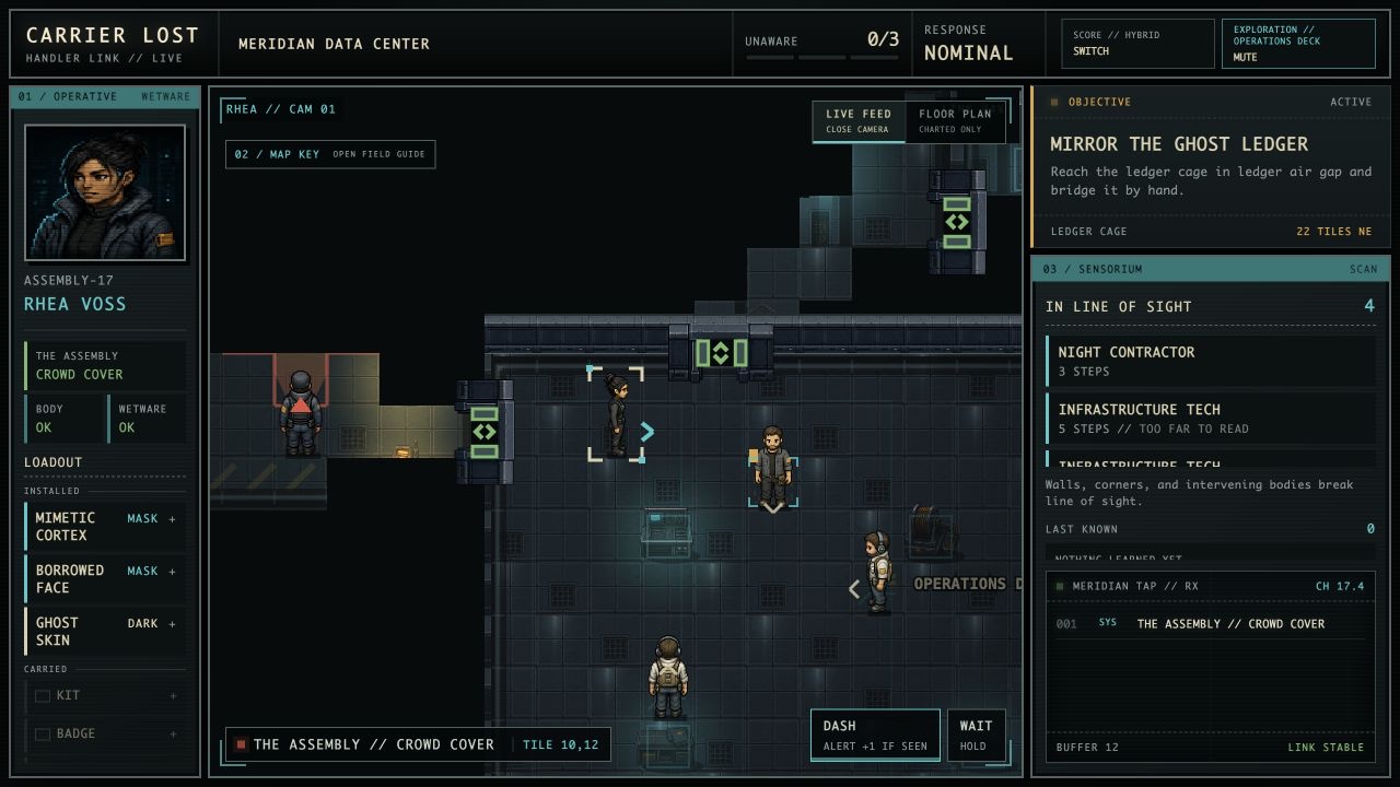 Carrier Lost handler feed showing Rhea moving through the Meridian Data Center while staff and security appear on the sensorium.